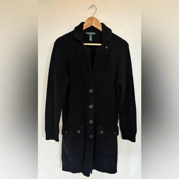 Ralph Lauren Black Knit Ribbed Button Down Shawl Collar Utility Cardigan Sweater - Picture 5 of 13